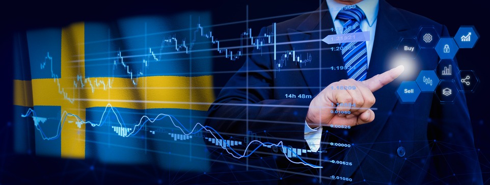 Businessman touching data analytics process system with KPI financial charts, dashboard of stock and marketing on virtual interface. With Sweden flag in background.